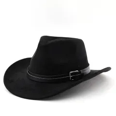 Belt Decoration Suede Curling Western Cowboy Hat Top Hat - Black - View 1