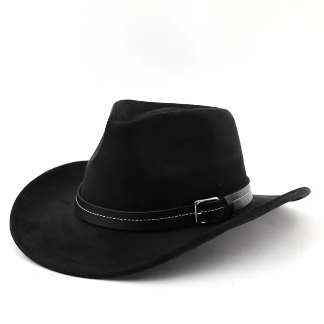 Belt Decoration Suede Curling Western Cowboy Hat Top Hat Black - Shop at LoveMi