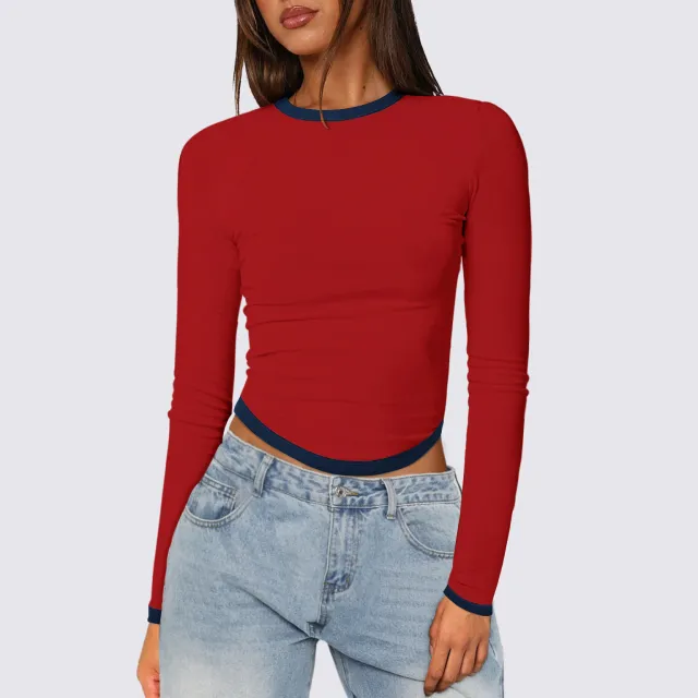 Women's Long sleeved Round Neck Slim fit Contrast Colors Short Pullover Top Red - Shop at LoveMi