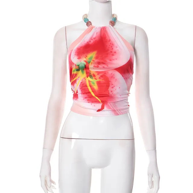 Printed Sleeveless Backless Halter Vest Top T shirt Pink - Shop at LoveMi