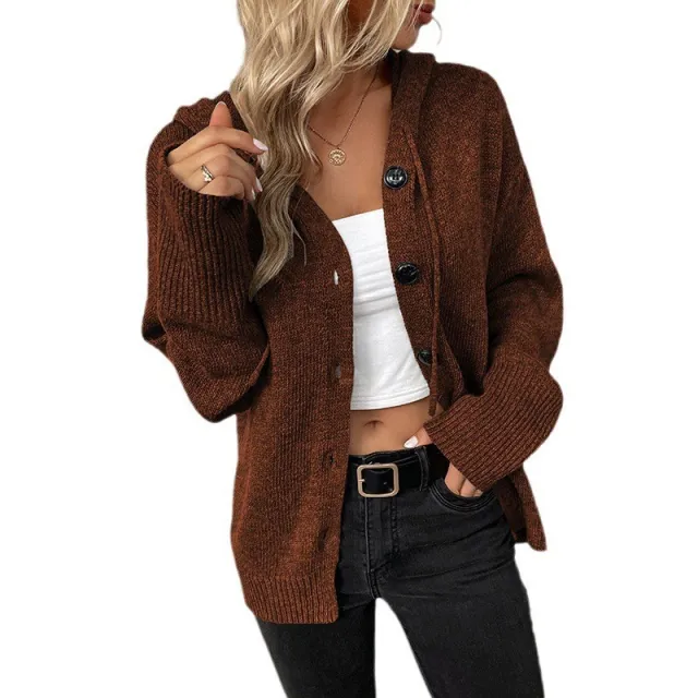 Drawstring Knitted Cardigan Coat Women's Hooded Single breasted Sweater Caramel - Shop at LoveMi