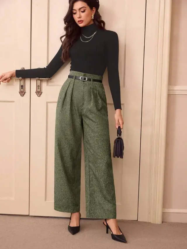 Vintage Casual All matching High Waist Linen Blend Belt Straight leg Pants Army Green - Shop at LoveMi