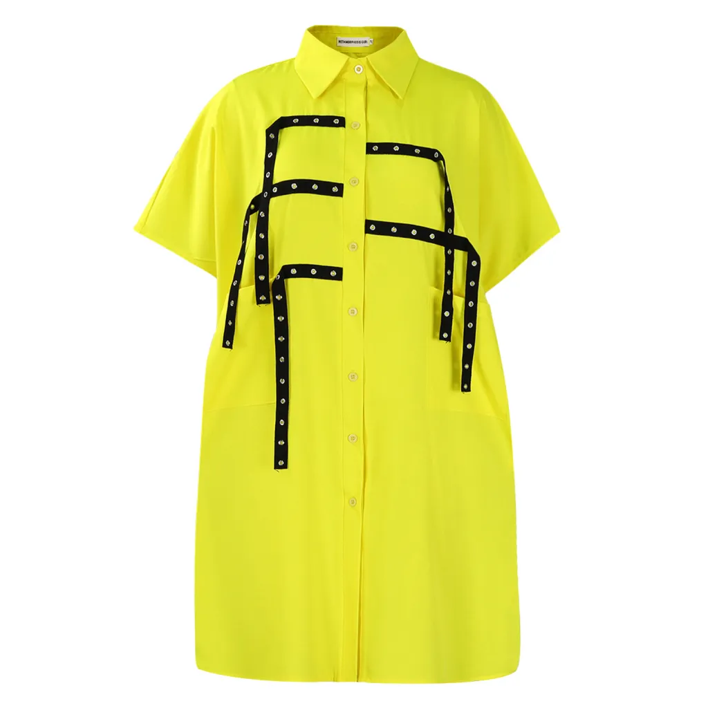 Short Sleeve Fashion Loose Lapels Dress - Yellow