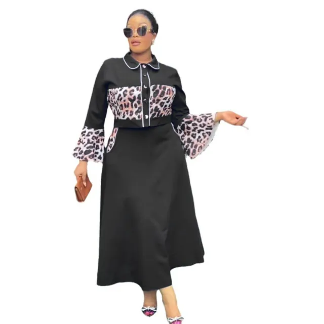 Leopard Print Patchwork Top Long Dress Suit Black - Shop at LoveMi