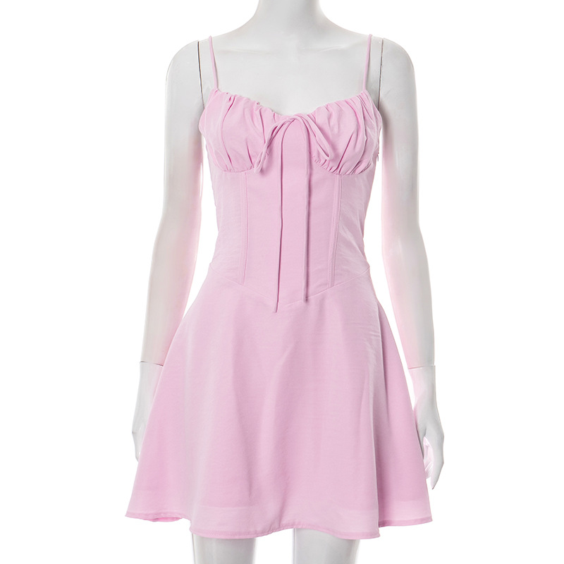 Solid Color Sling Pleated Lace up Pure Desire Dress Pink - Shop at LoveMi