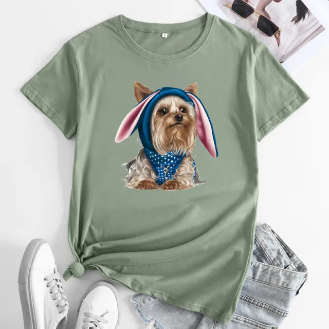 European And American Cute Dog Cotton Short sleeved T shirt Bean Green - Shop at LoveMi