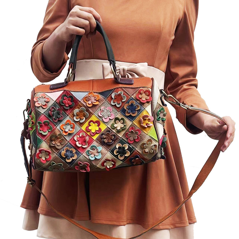 Fashionable Genuine Leather Quilted Patchwork Flower Handbag
