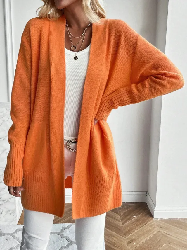 Women's Mid length Large Pocket Long Sleeve Sweaters Cardigan Orange - Shop at LoveMi