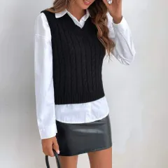Women's Knitted Waistcoat Casual Suit - Black Vest White Shirt - View 1