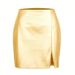 PU Split Leather Skirt Women's High Waist Zipper - Gold - View 1