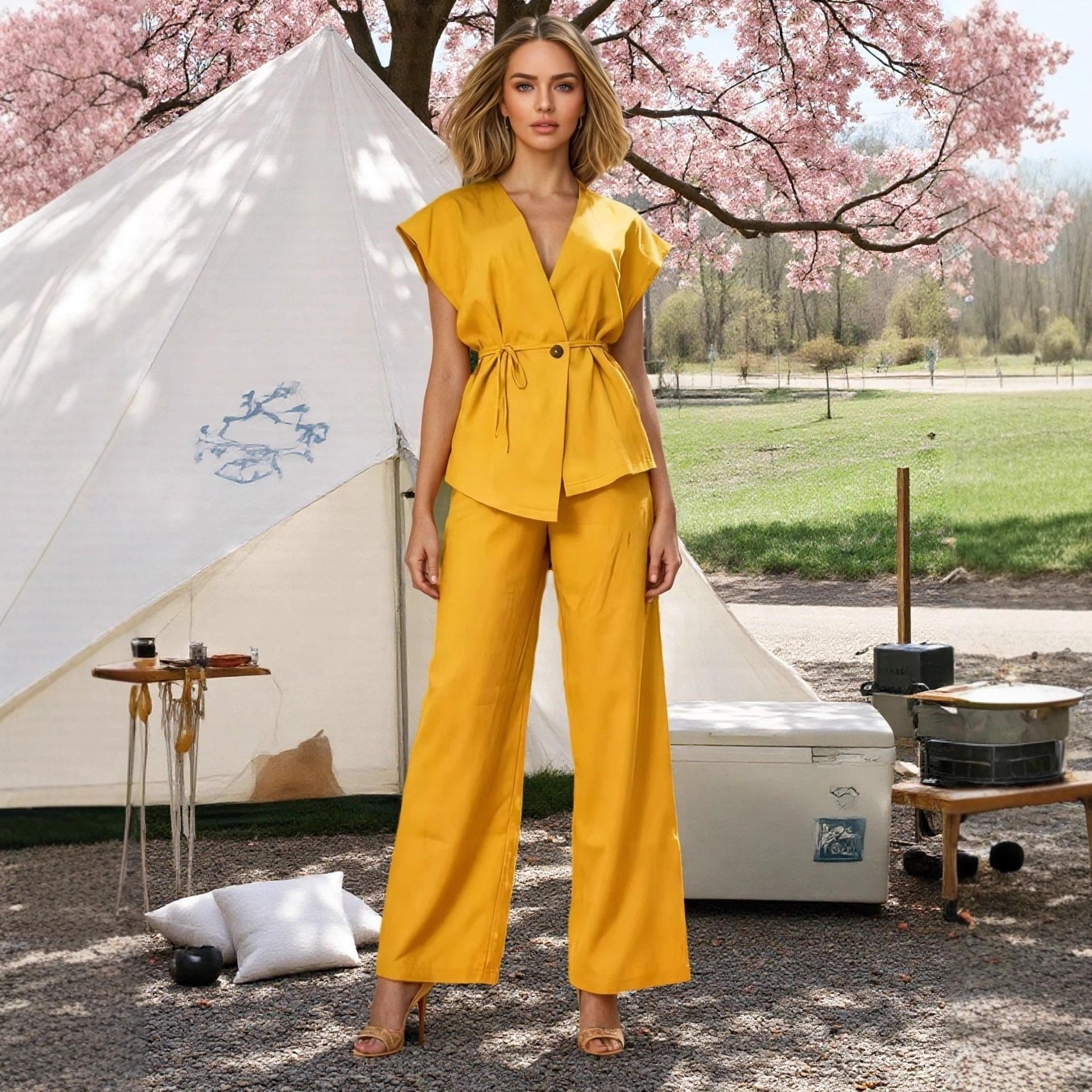 Womens Casual Vest And Pants Set With Ties Solid Color