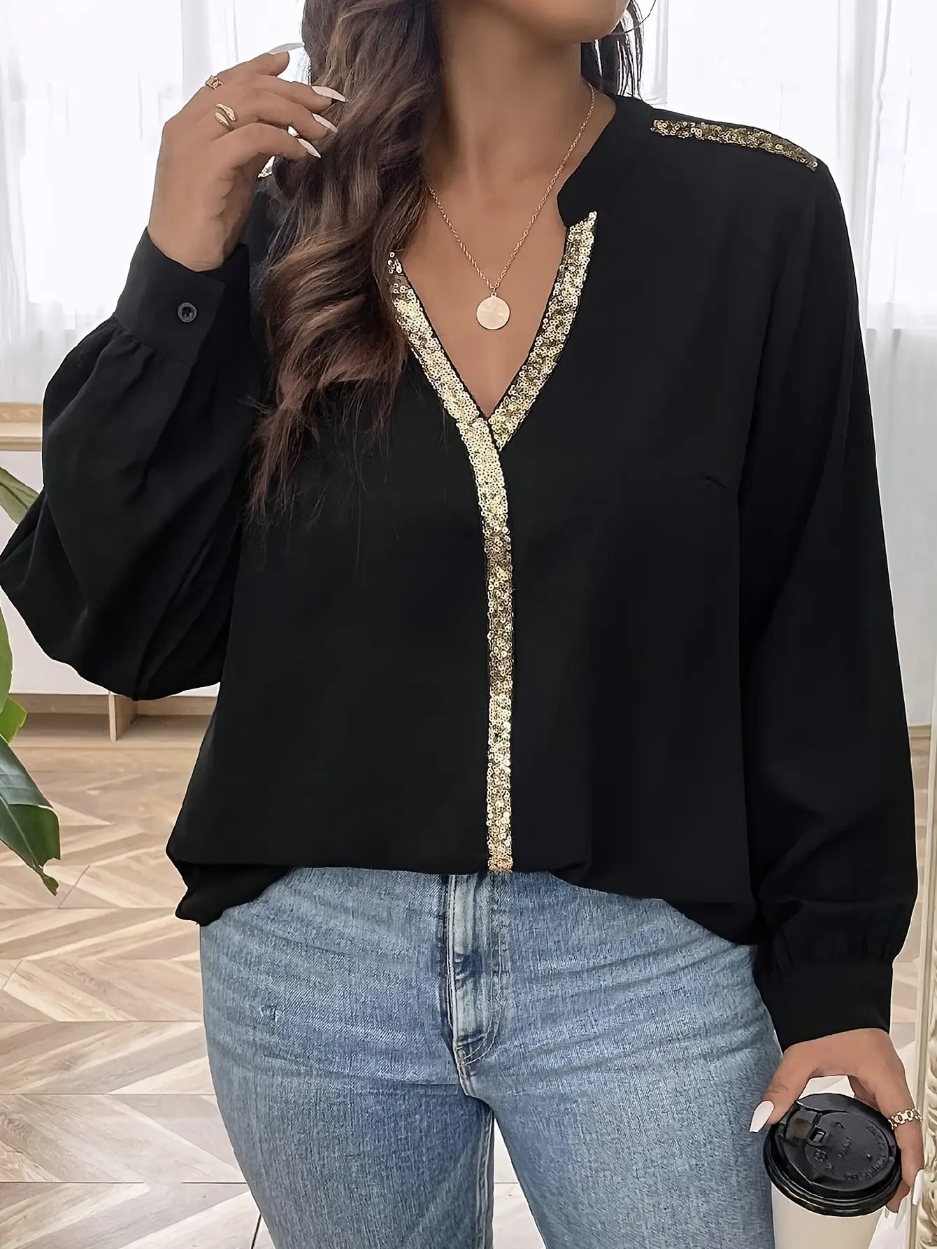 V-neck Loose-fit Sequin Patchwork Fashionable Shirt Top