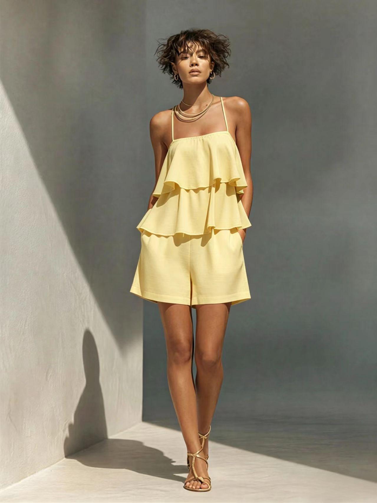 Women's Ruffle Camisole and Shorts in Yellow – Outdoor Lifestyle Shot