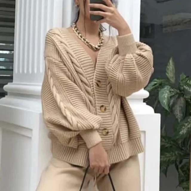 Knit Casual Fashion Twist V neck Cardigan Khaki - Shop at LoveMi