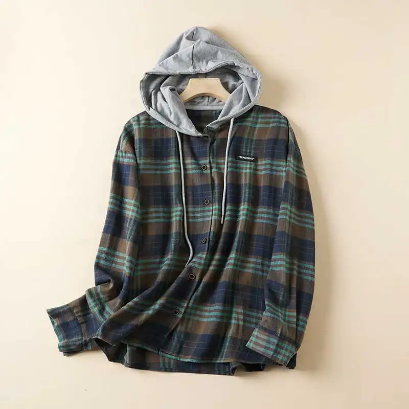 Women's Single-breasted Plaid Thin Brushed Long Sleeve Shirt Artistic Casual Plus Size - Blue Green Grid