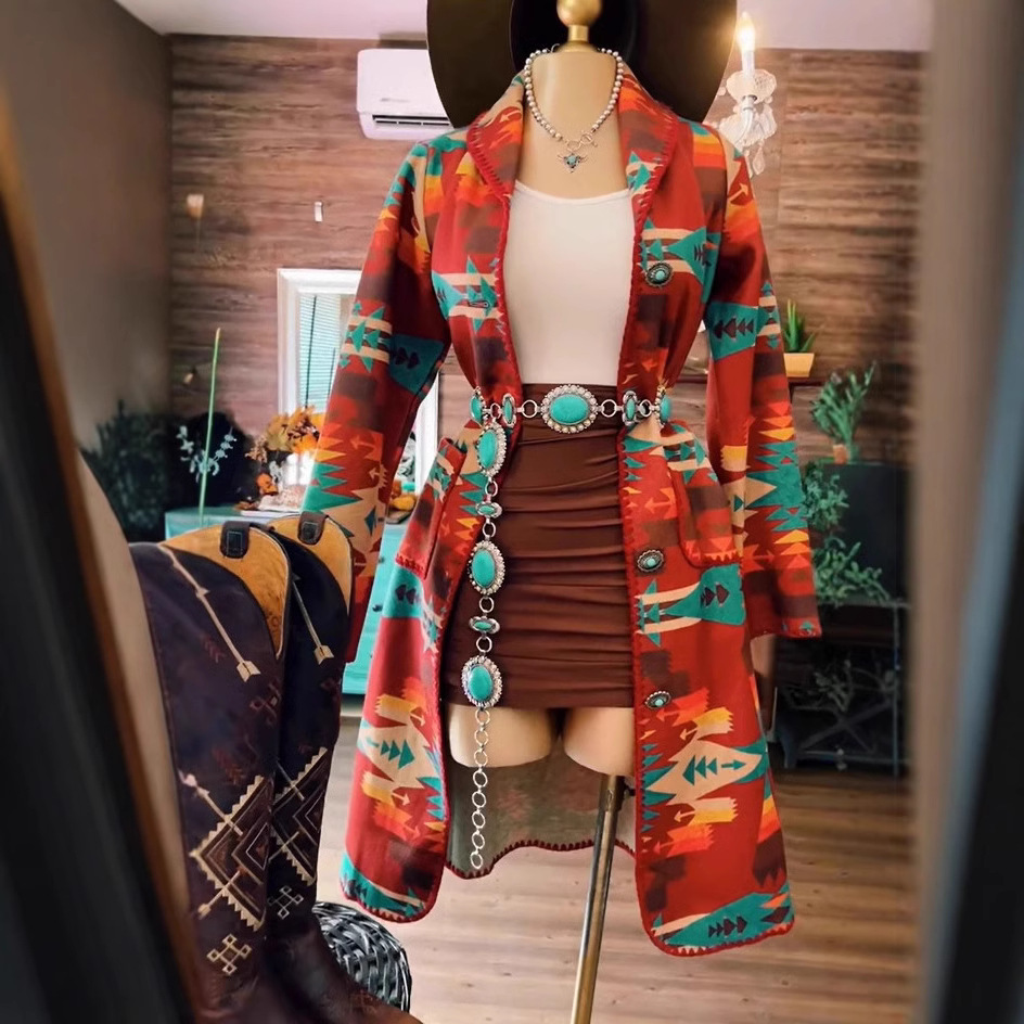 Women's Printed Trim Mid-Length Wool Coat
