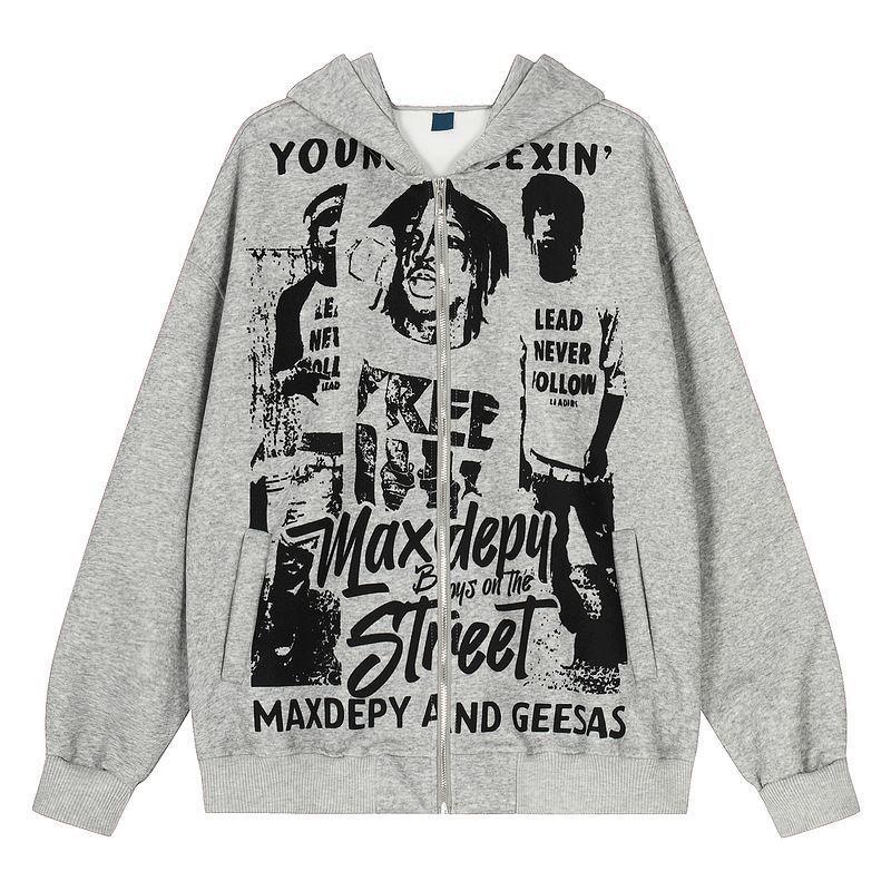 Water-washed Vintage-style Printed Hooded Cardigan Jacket Loose-fit Springautumn Zip-up Jacket