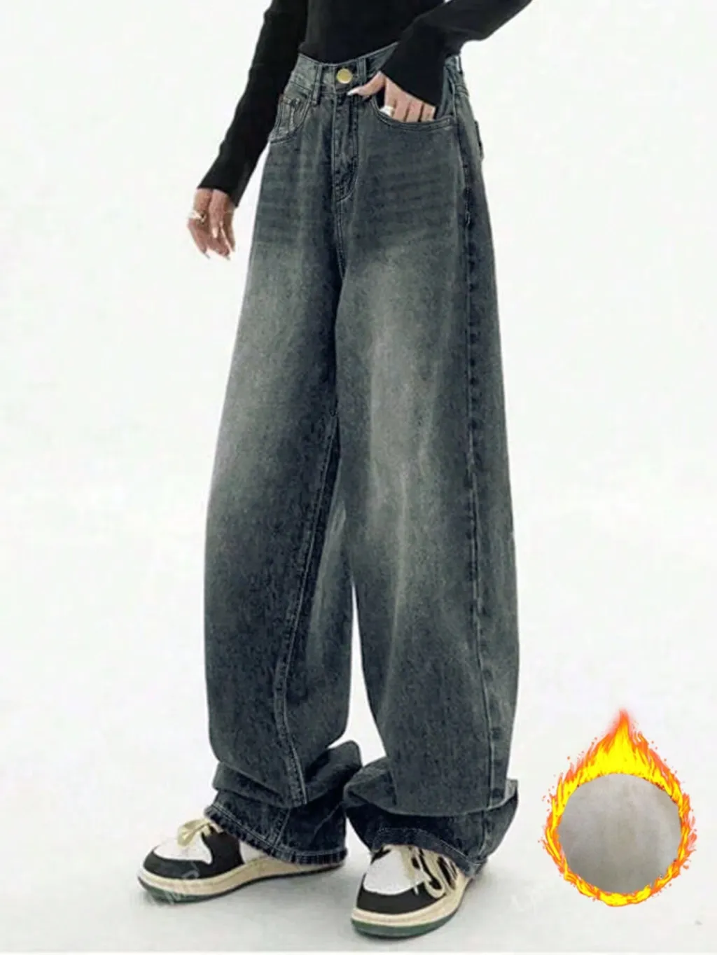 Fleece Padded Jeans Women's American Retro Street Wide Leg - Retro Blue