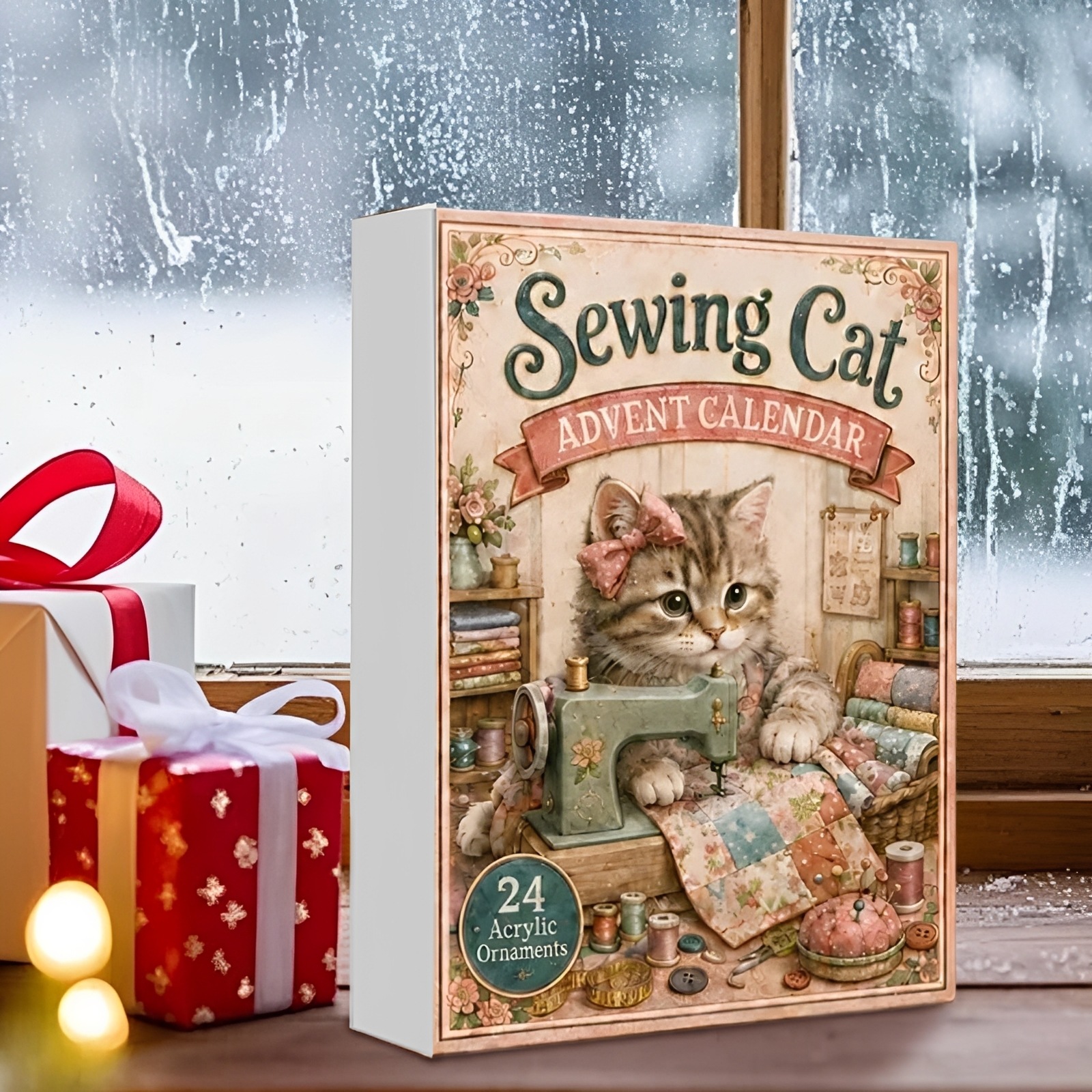 Sewing Cat Christmas Advent Calendar Ornament Pendant Gift Box
