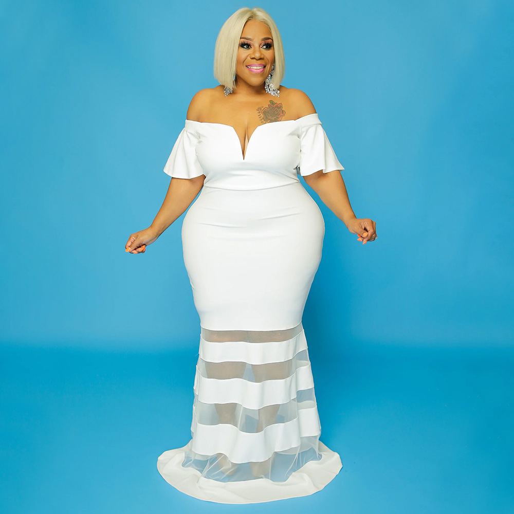 See-through Fashion V-neck Formal Dress Bell Sleeve Plus Size Dress