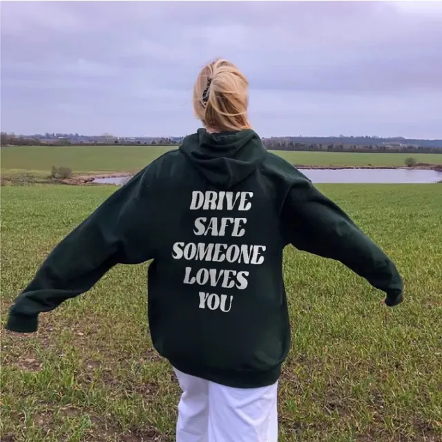 Women's Casual Letter Print Loose Hoodie Black - Shop at LoveMi