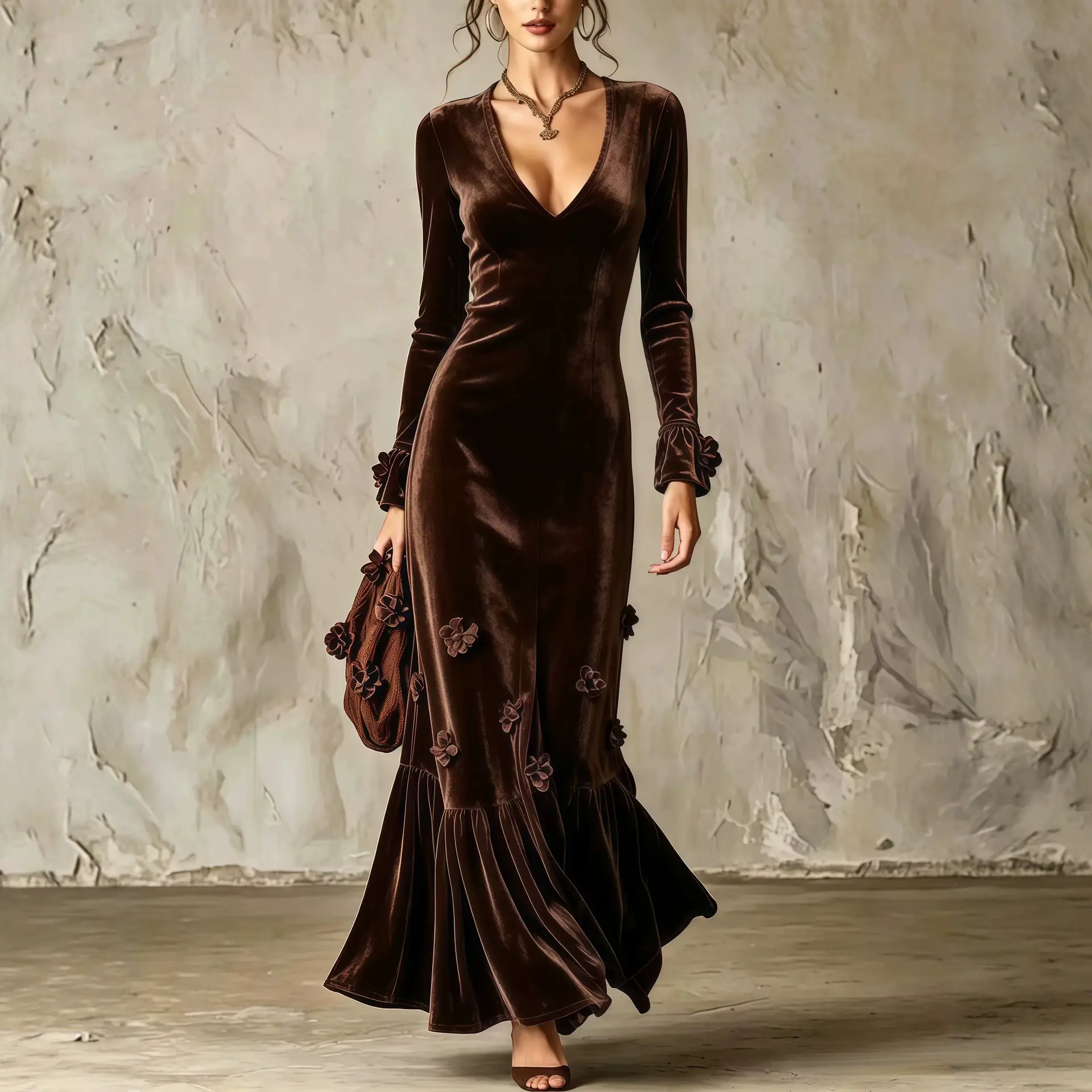 V-neck Sheath Skirt Figure-hugging And Elegant Fishtail