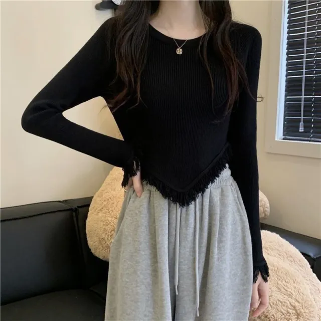 AutumnWinter Designer Crew Neck Tassel Asymmetrical Long Sleeve Top Black - Shop at LoveMi