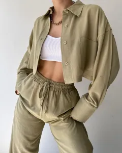 Women's Fashion Casual Solid Color Long-sleeved Casual Shirt And Trousers Suit - Matcha-L - View 1