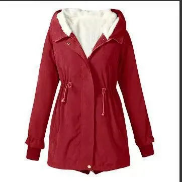 Women's Autumn And Winter Solid Color Casual Waist Tight Fleece lined Anorak Red - Shop at LoveMi