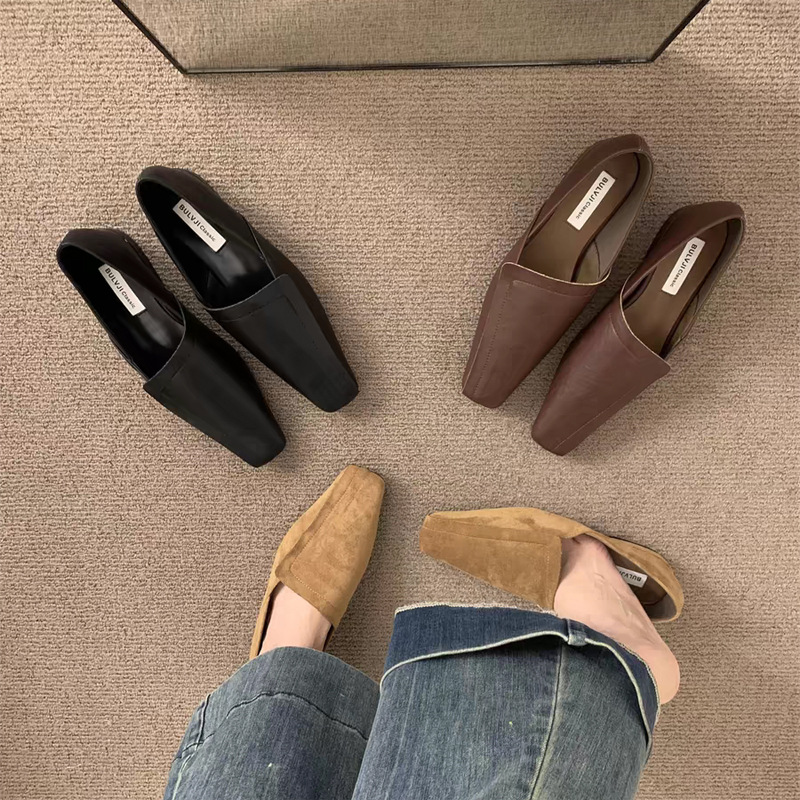 Retro Mule Shoes With Square Toe Niche Design Womens Suede Low Heel