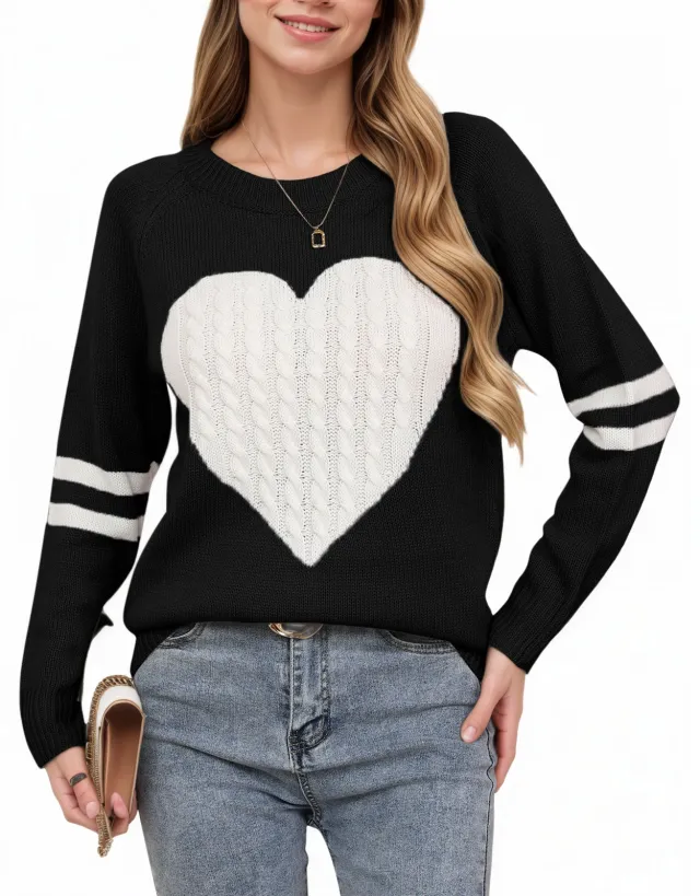 Women's Heart shaped Jacquard Knitted Round Neck Sweater Top Black And White - Shop at LoveMi