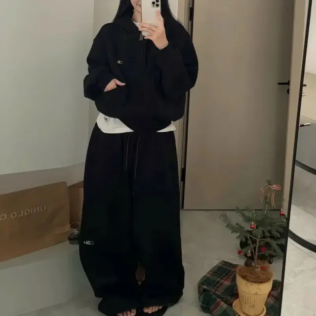 Retro Embroidered Double Waist Sweatpants Loose Casual Sports Pants Black - Shop at LoveMi