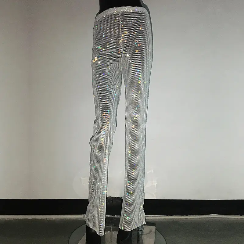 Women's Fashion Straight Rhinestone Fishnet Casual Wide-leg Pants
