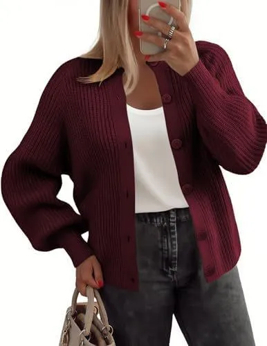 Round Neck Buckle Women's Cardigan Sweater Long Sleeve Dark Red - Shop at LoveMi