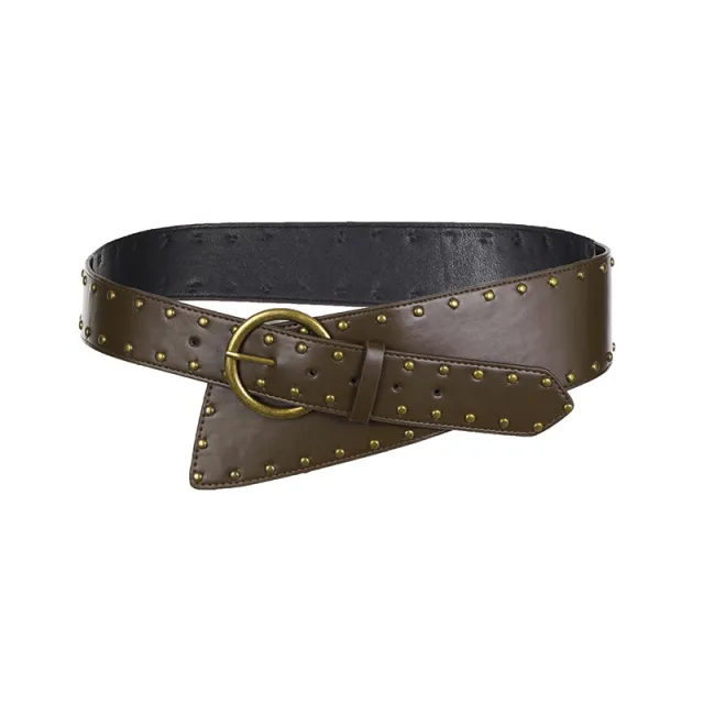 Retro Brown Base Rivet Metal Ring Buckle Personality Belt Punk Brown - Shop at LoveMi