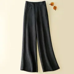New Half Elastic High Belt Buckle Slimming Casual Cotton Linen Wide Leg Pants - Black - View 1