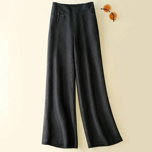 New Half Elastic High Belt Buckle Slimming Casual Cotton Linen Wide Leg Pants Black - Shop at LoveMi
