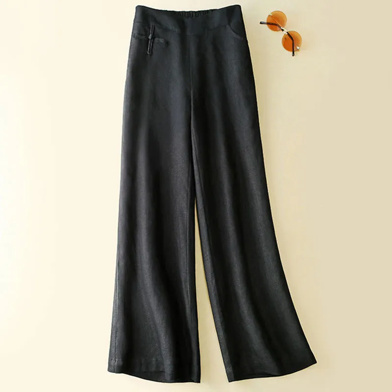 New Half Elastic High Belt Buckle Slimming Casual Cotton Linen Wide Leg Pants - Black