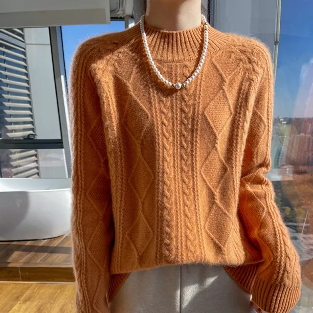 Woolen Mock Neck Sweater Women's Thickened Twisted All matching Orange - Shop at LoveMi