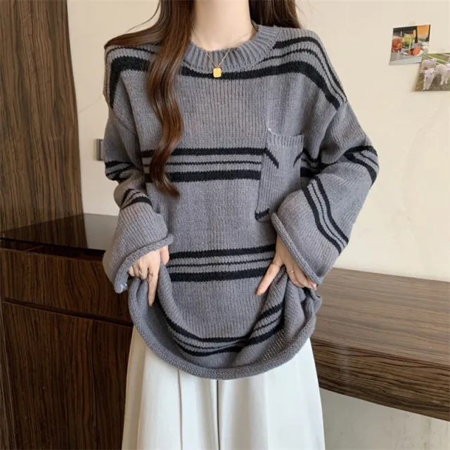 Lazy Sweater Pocket Contrast Color Striped Round Neck Pullover Gray - Shop at LoveMi