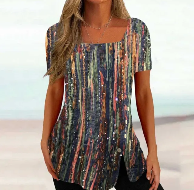 Cross border New Print Short Sleeve Irregular Button Split Printed Women's T shirt Brown - Shop at LoveMi