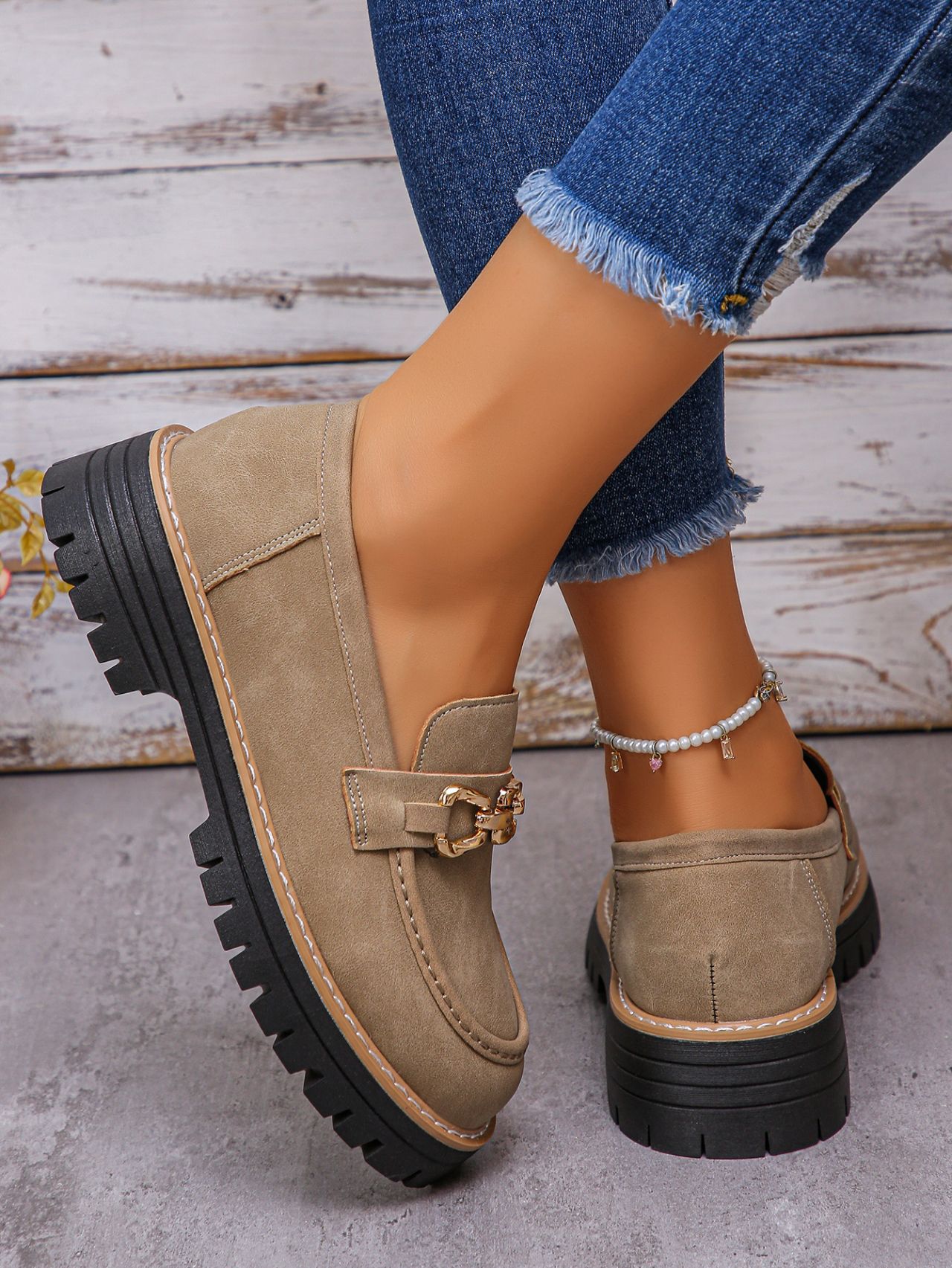 British-style block heel shoes worn with outfit