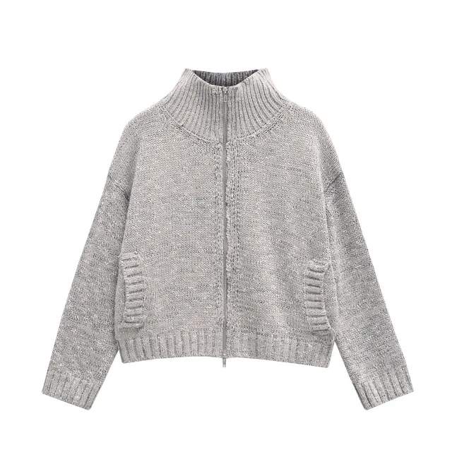 Spring Zipped Stand Collar Short Long Sleeve Knitted Coat Light Gray - Shop at LoveMi