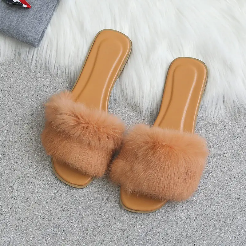 Fashion Rabbit Fur Flat Women's Slippers Plus Size