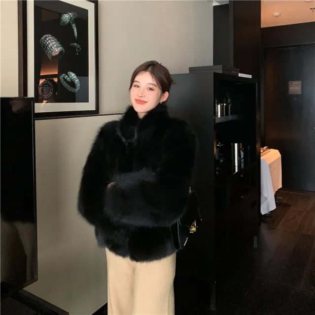 Fashion Fur Integrated Long Sleeve Women Black - Shop at LoveMi