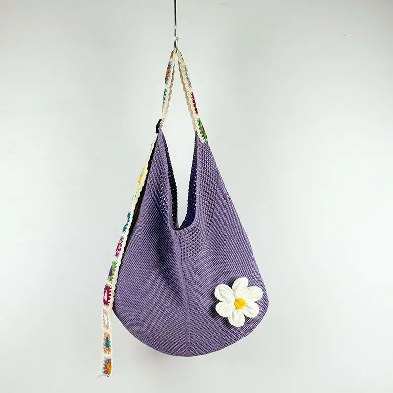 Women's Woven Shoulder Bag Hollow Flower - Purple