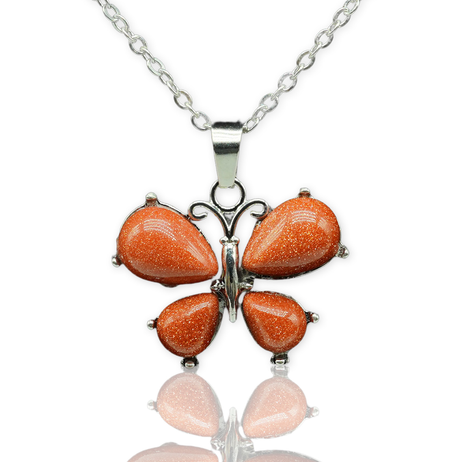 Natural Stone Crystal Small Butterfly Alloy Pendant Necklace