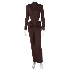 Midriff Outfit Pleated Turtleneck Long Sleeve Dress For Women - Brown - View 1