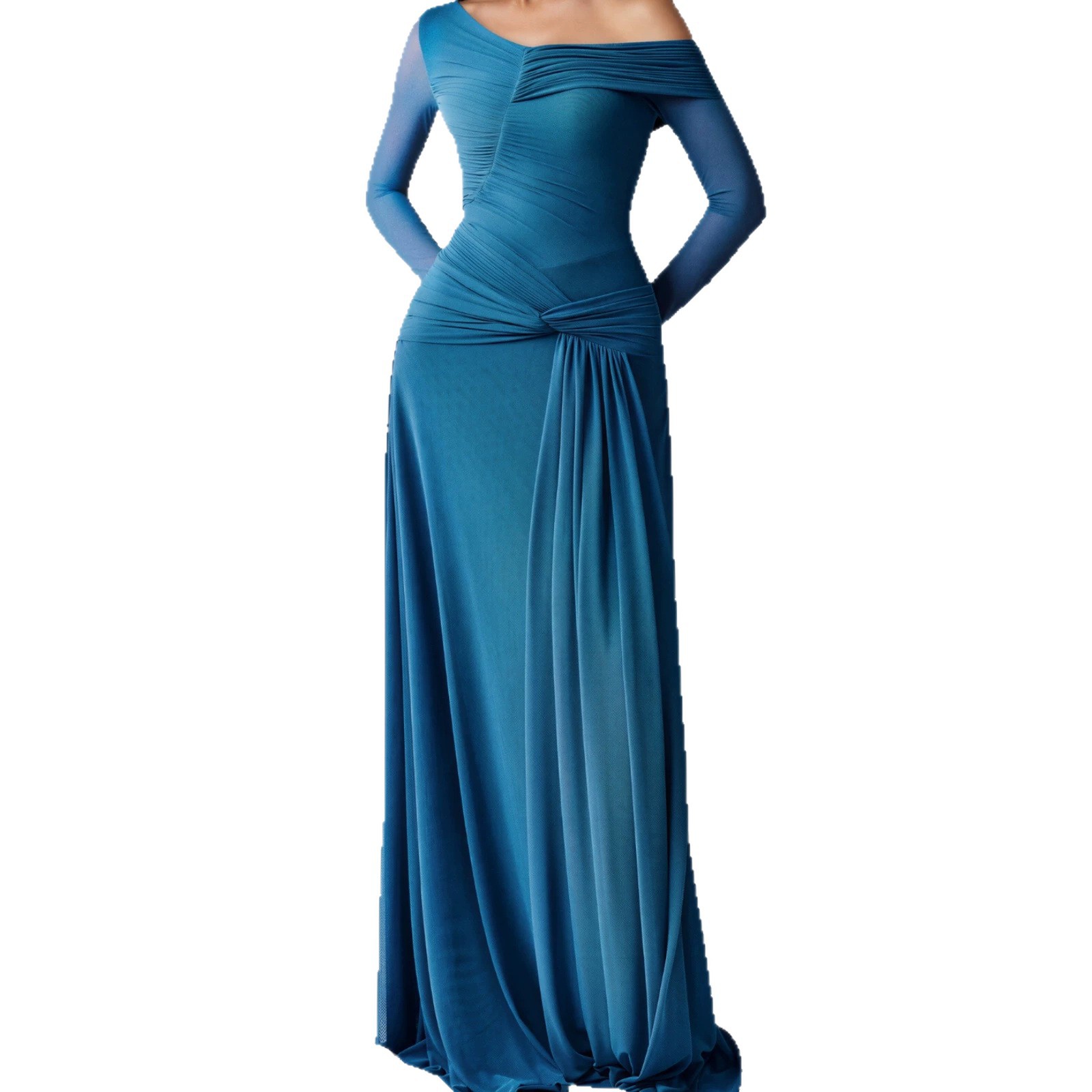 Asymmetrical One-Shoulder Sheer Mesh Mermaid Dress With Side-Twist Ruching And A Waist Cinch For Women 5