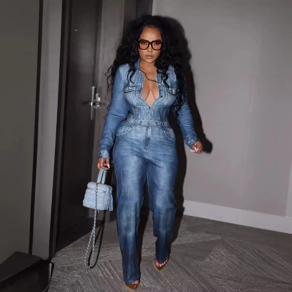 Denim-print Jumpsuit